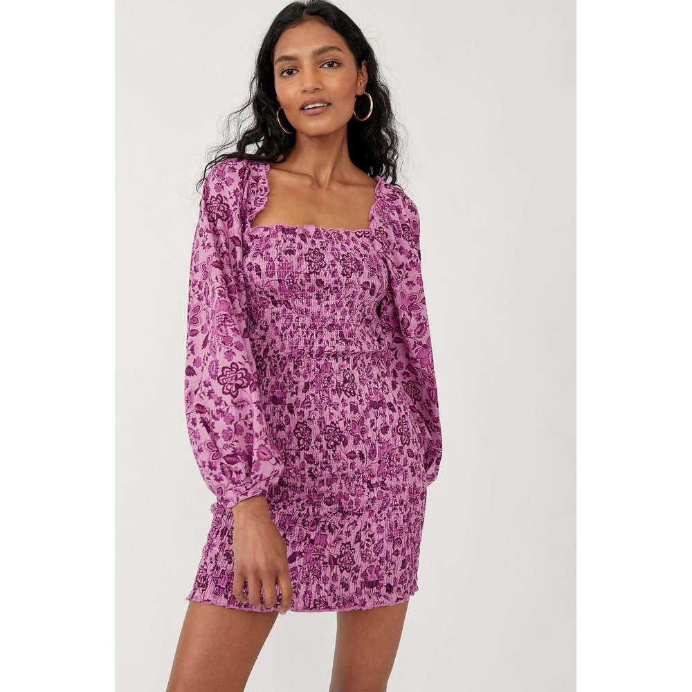 Free People Purple Floral Smocked Mini Dress Balloon Sleeve Size S OB1438613 NWT
